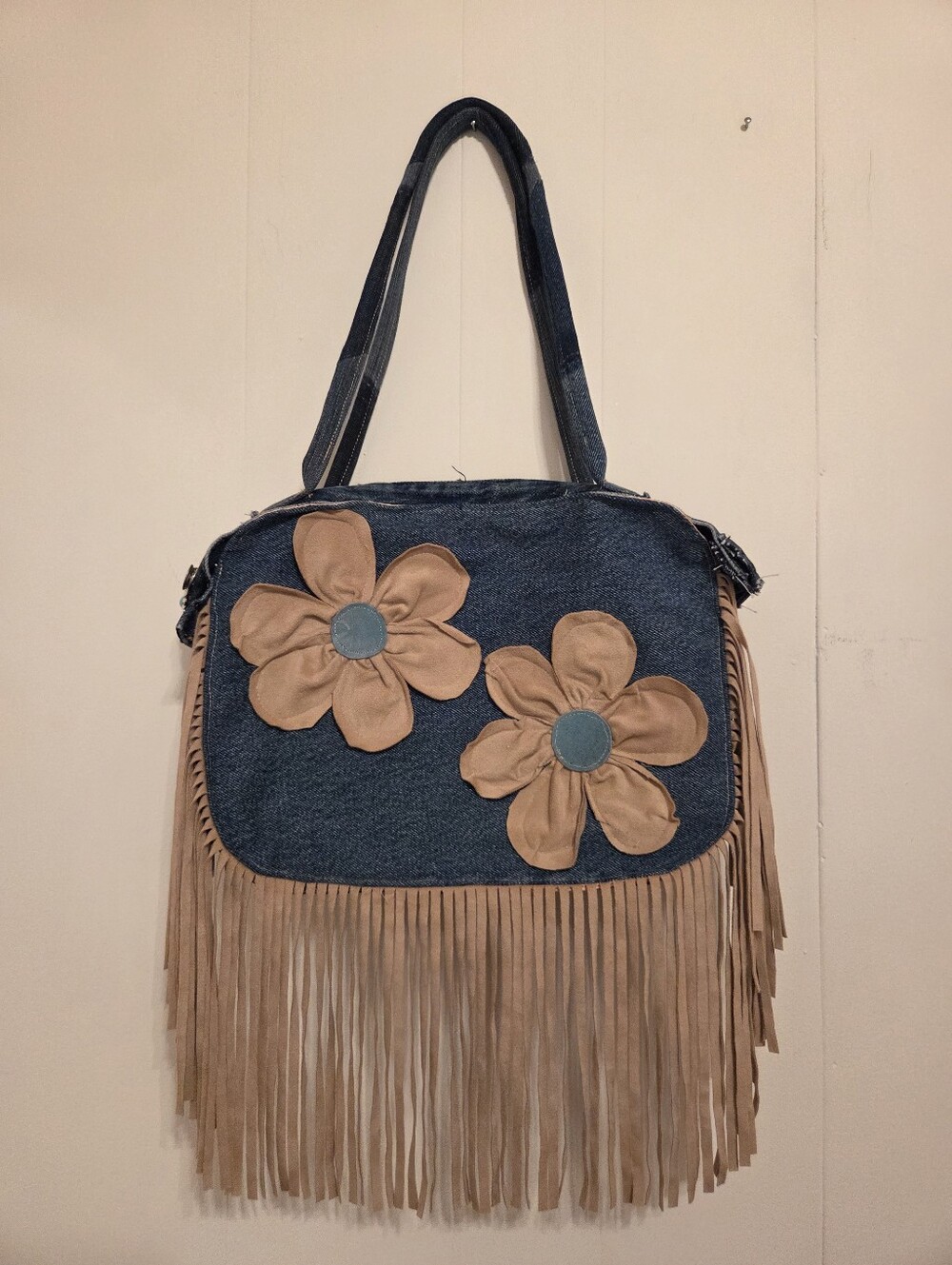 Denim Fringe Shoulder Bag with Floral Appliqué - Blue & Tan